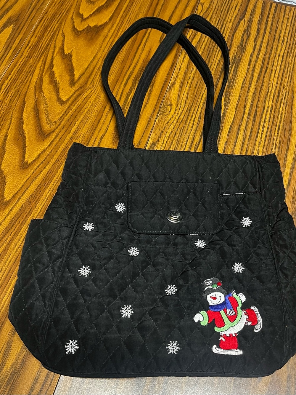 Black Quilted Tote Bag with Festive Snowman Embroidery